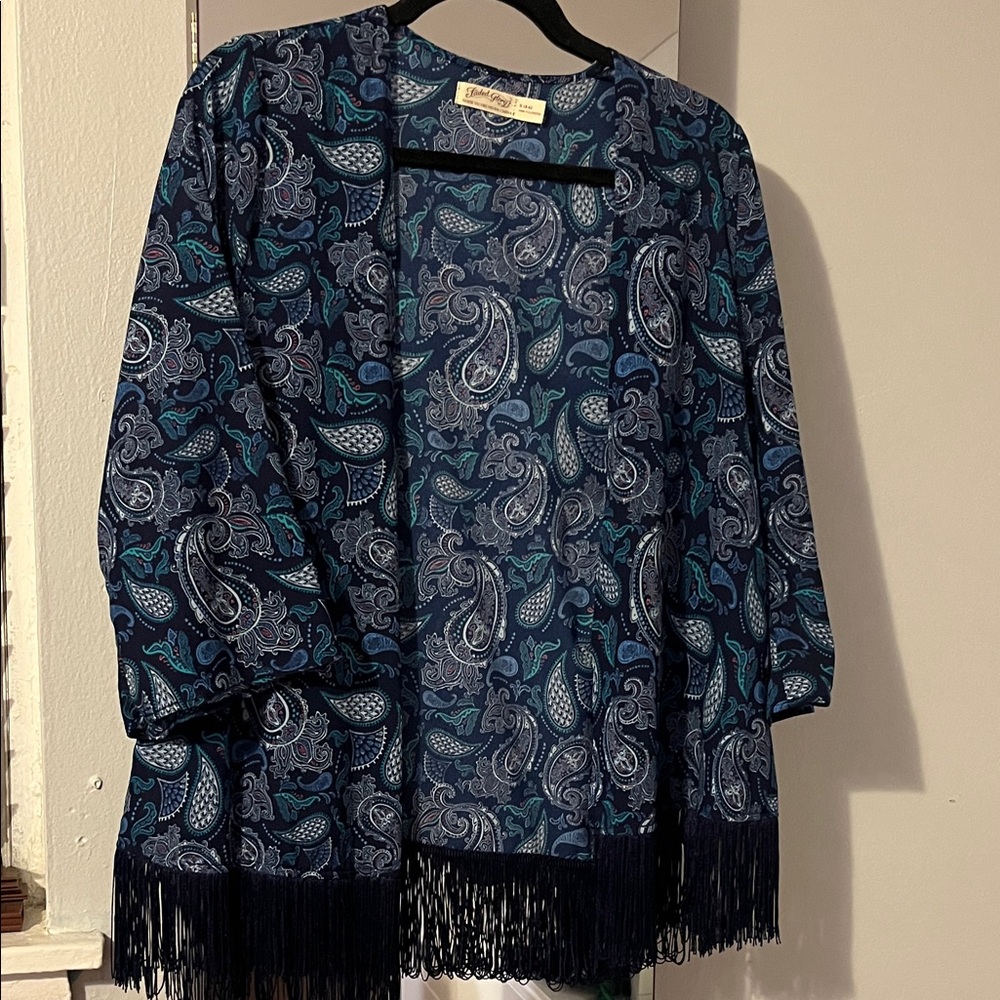 Faded Glory Navy Paisley Cardigan with Fringe